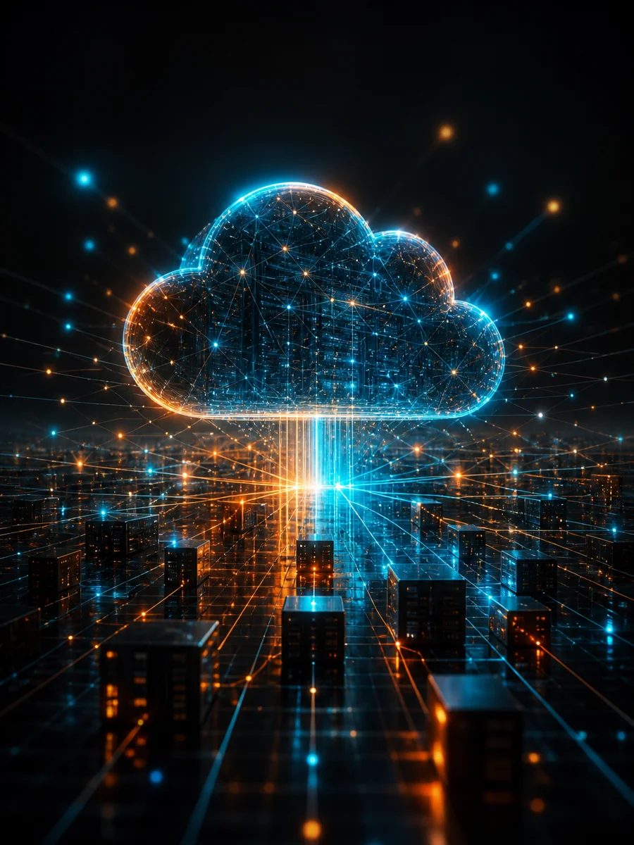 Abstract cloud infrastructure scaling with connected nodes expanding outward