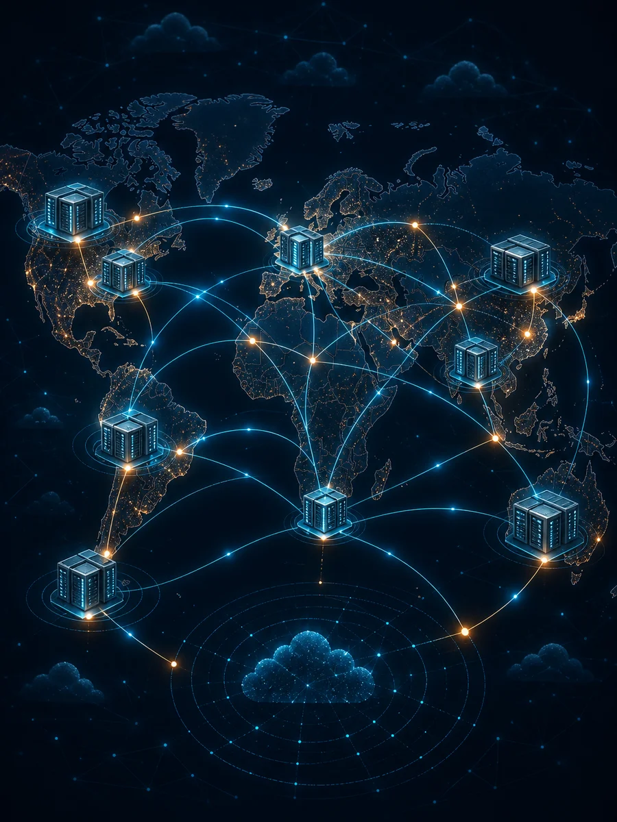 Geographically dispersed data centers connected across a map