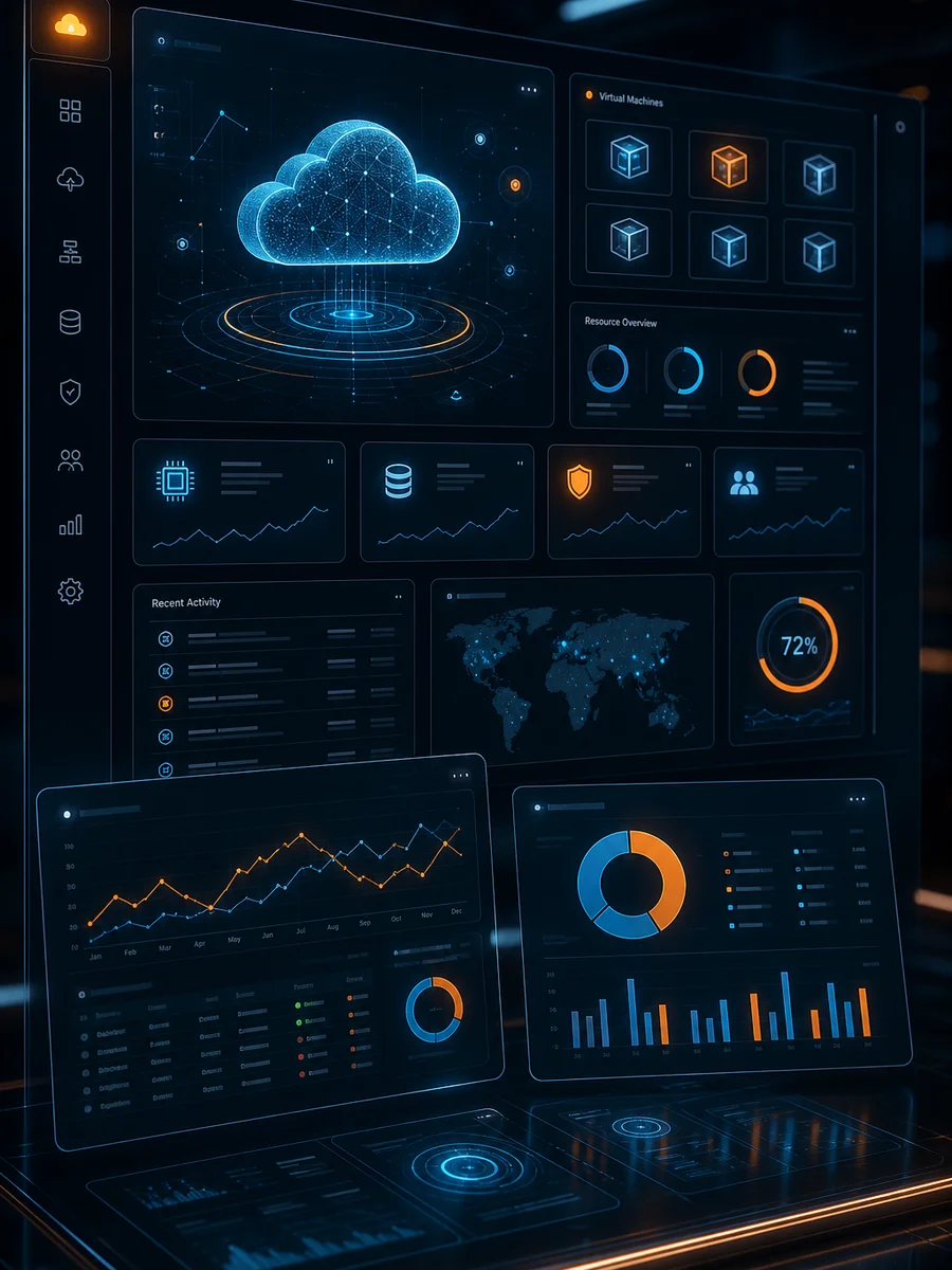Modern cloud management dashboard on a dark interface
