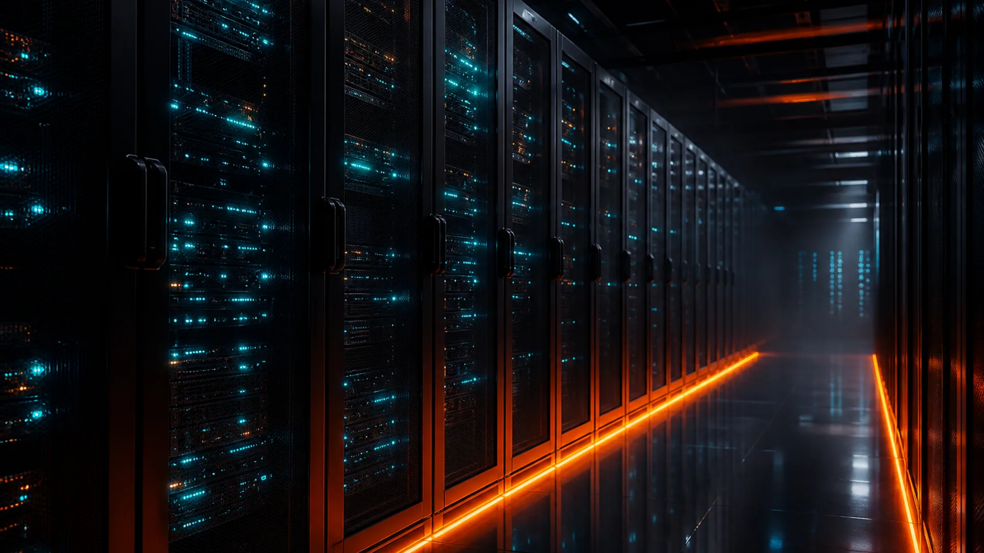 Dark cinematic data hall with rows of illuminated servers and warm orange light along the aisles