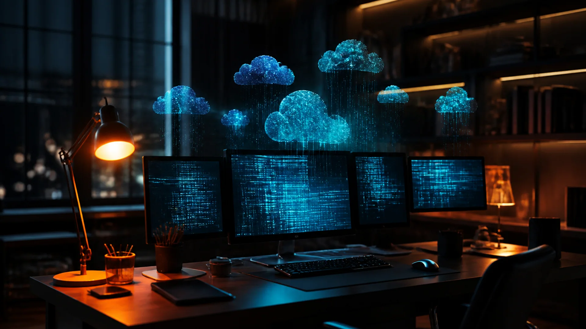 Developer's dark workstation with holographic cloud clusters and terminal glow in orange and cyan