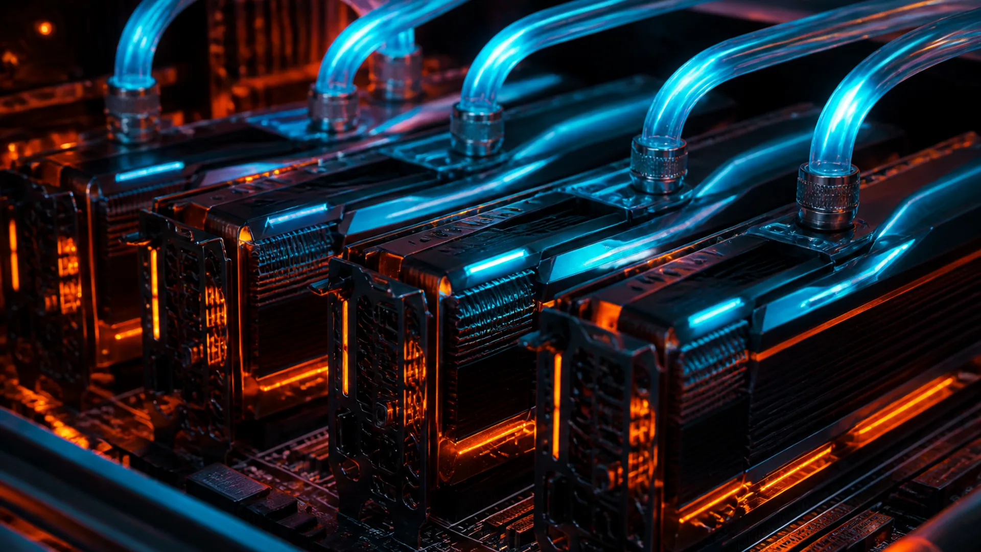Close cinematic view of a high-end GPU cluster with orange heat glow and cyan coolant light