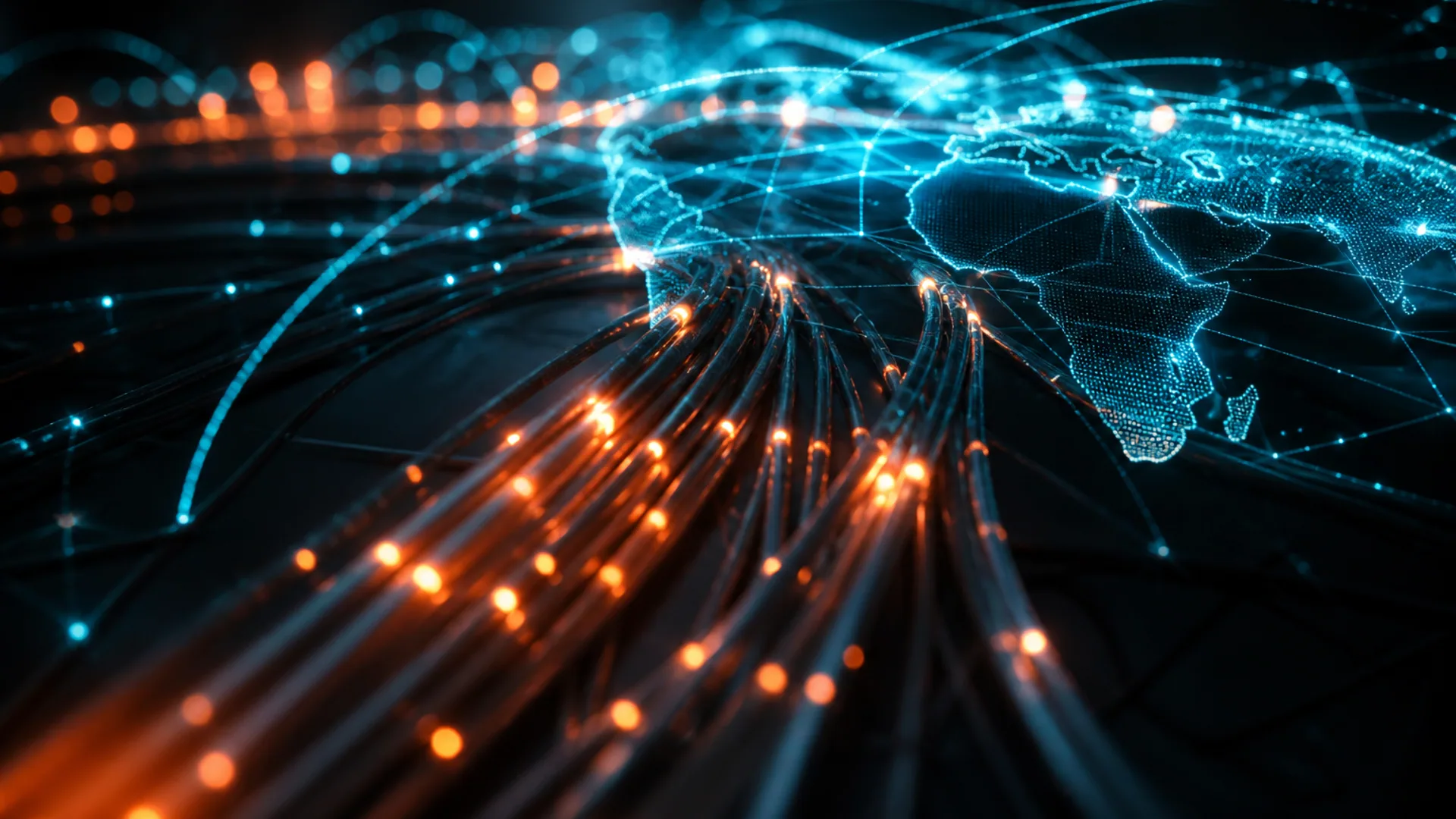 Cinematic network operations view with glowing fiber paths and a cyan-lit global mesh