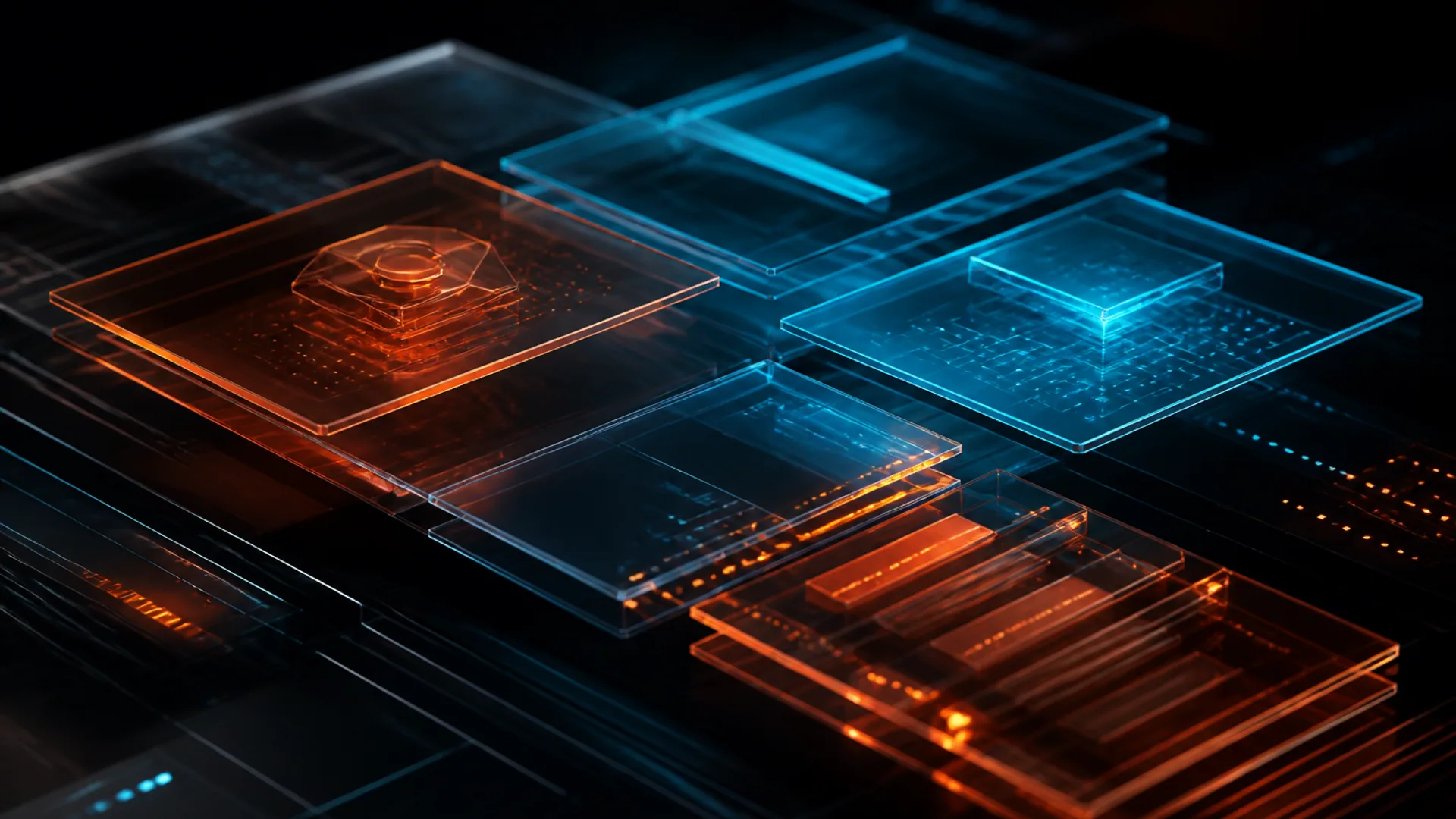 Premium dark control-plane dashboard with layered identity, DNS, and database modules in orange and cyan light