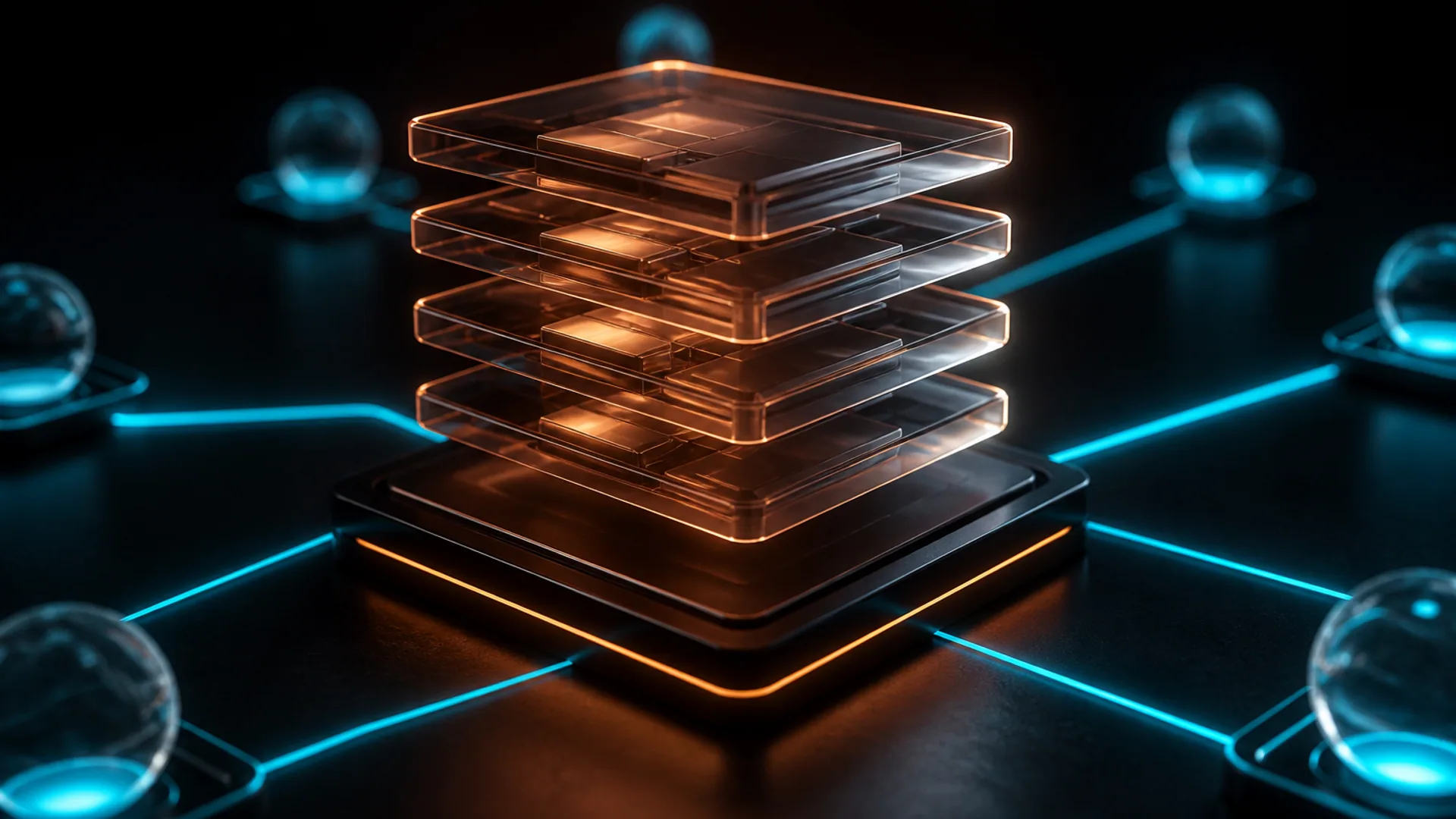 Premium hosting architecture with a glowing website stack connected to global CDN nodes on a dark backdrop